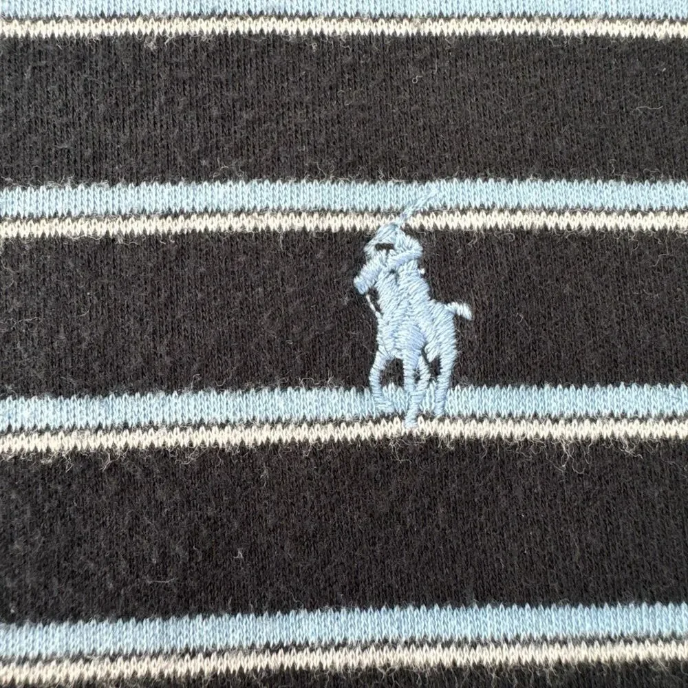 VTG Ralph Lauren Polo Men L Blue Striped Black Trim Soft Cotton Pony Golf Shirt